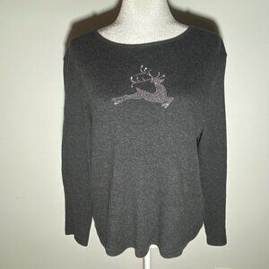 Karen Scott Gray Pullover Shirt with Rhinestone Reindeer Size Medium